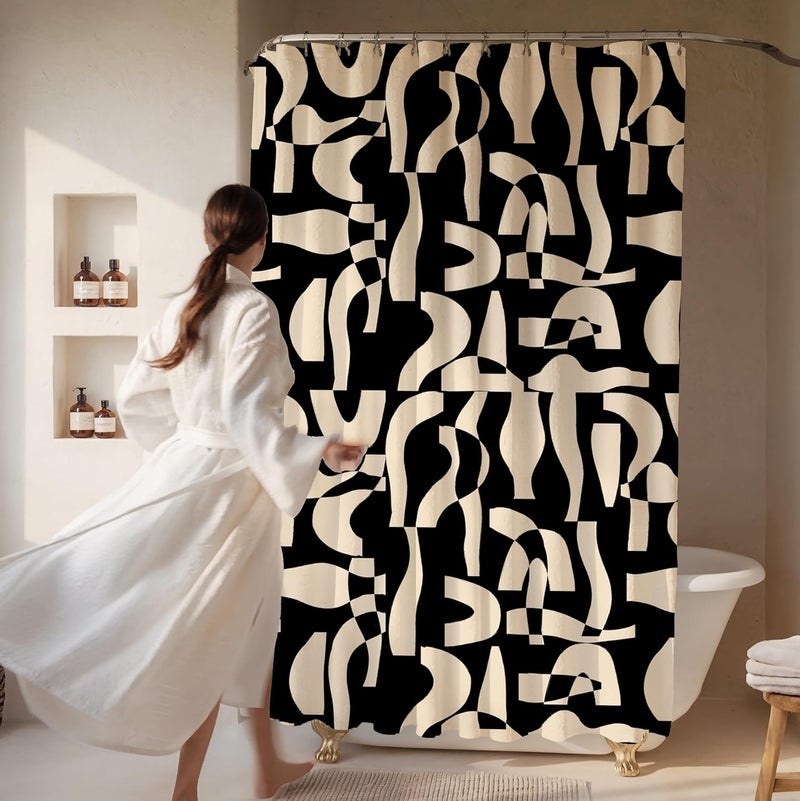 Worthwhile Goods Modern Black and Ivory Geometric Pattern Print Shower Curtain - Abstract Minimalist Pattern - Neutral Design - Trendy Fabric Shower Curtain for Any Bathroom - 72x72 Inches (Geo Black) - Image 2
